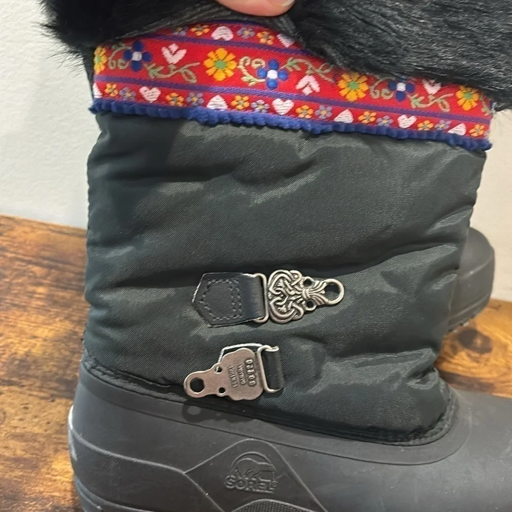 SOREL BLACK WINTER BOOTS YOUTH BIG GIRLS SIZE 5 FLORAL BOHO LINED NWT